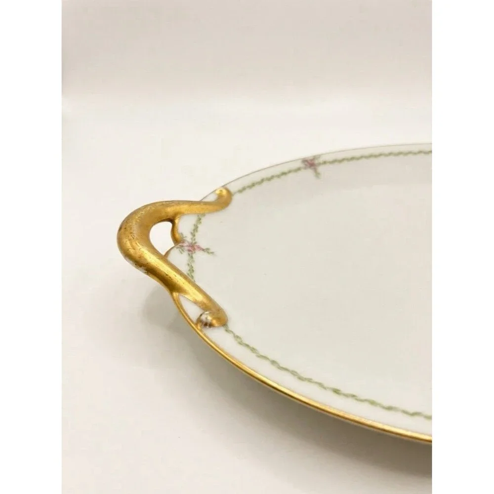 Antique GDA Limoges French Porcelain Large Oval Serving Platter Gold Handles